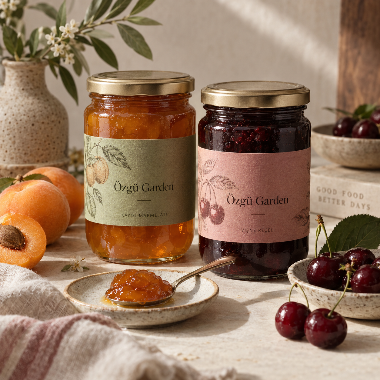 Pastel etiketli özel reçel ve marmelat kavanozları